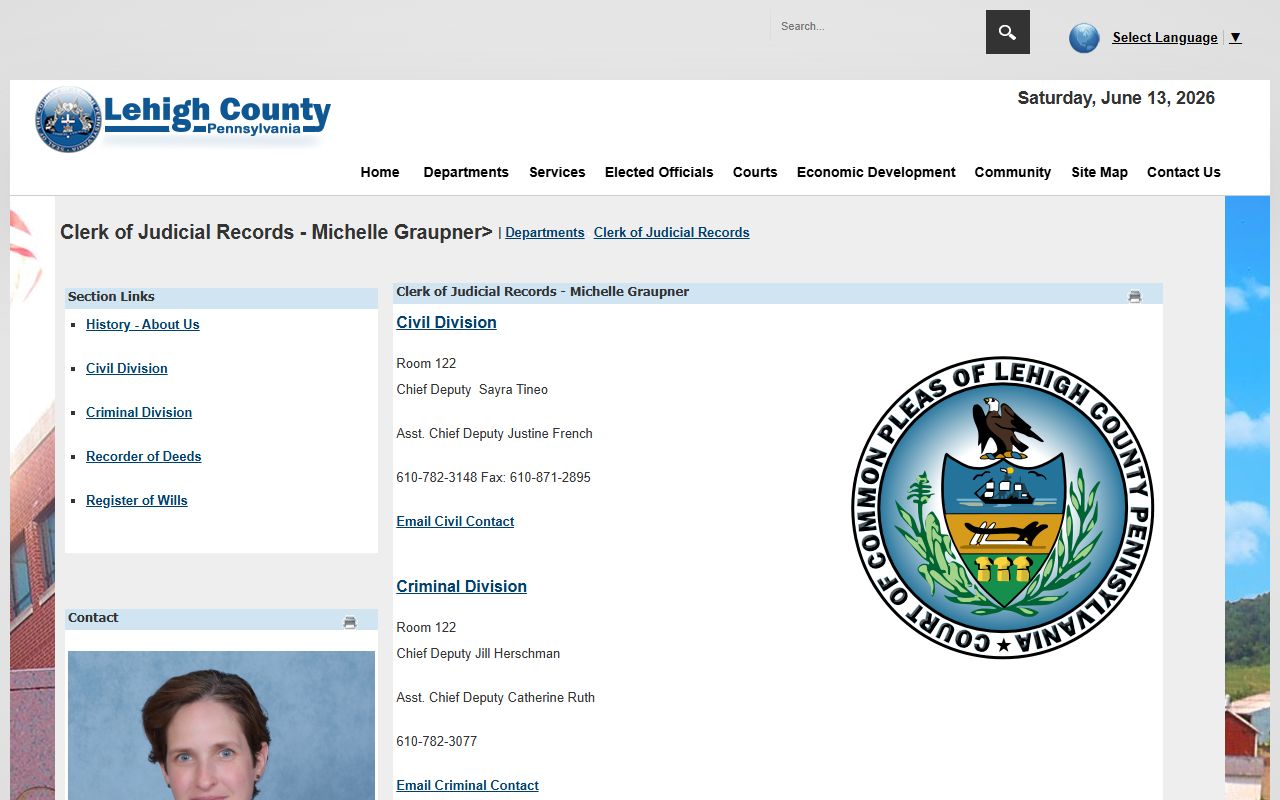 Lehigh County Prothonotary and Clerk of Judicial Records page