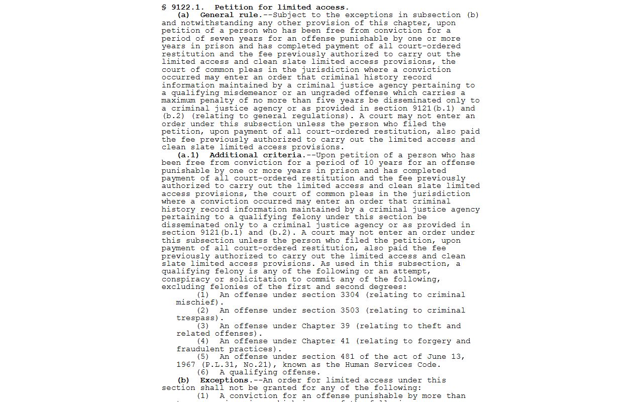 Lehigh County criminal court records Clean Slate limited access statute source