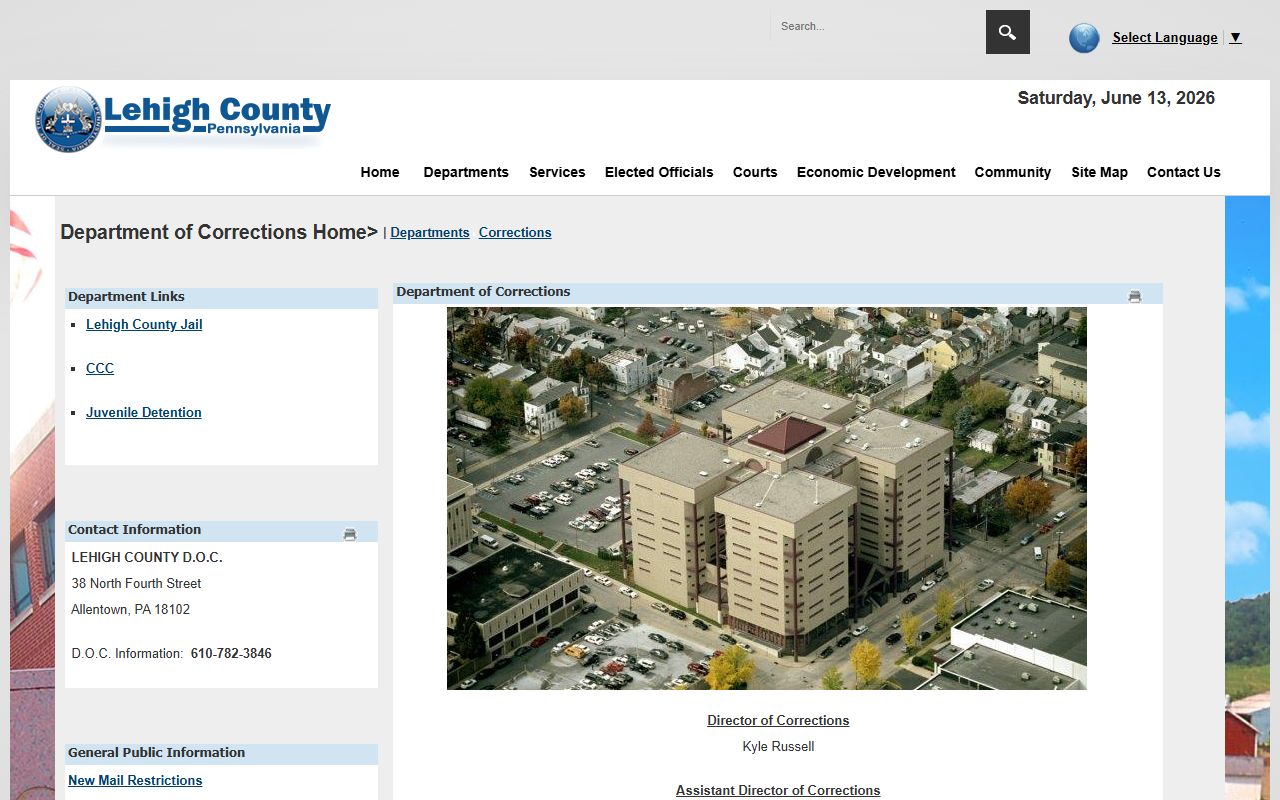 Lehigh County inmate records Department of Corrections page