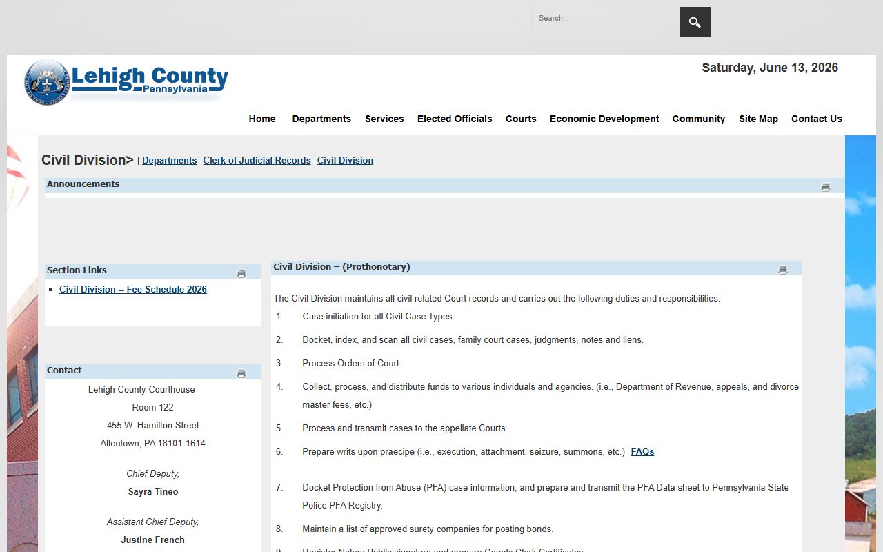 Lehigh County marriage and divorce records Civil Division Prothonotary page