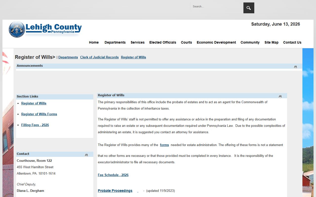 Lehigh County marriage and divorce records Register of Wills page