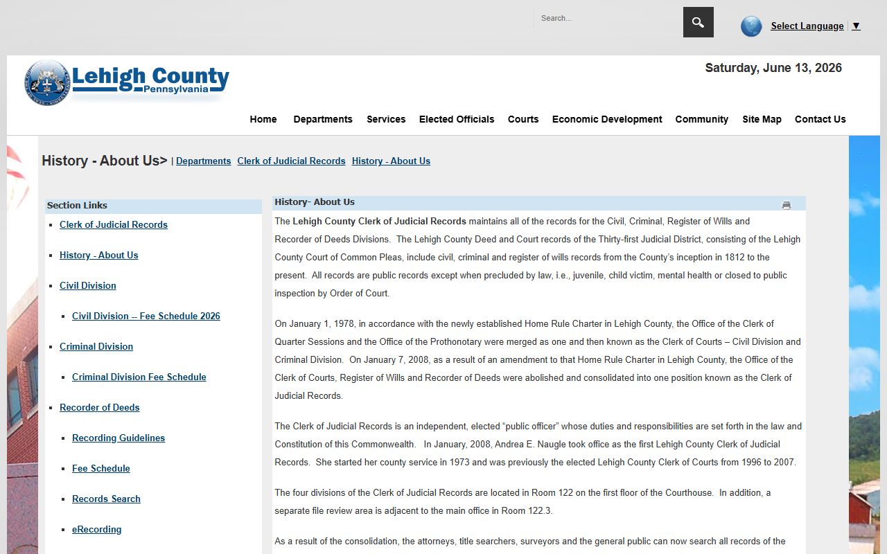 Lehigh County probate records Clerk of Judicial Records history